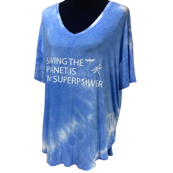 Hand Printed Upcycled Womens Large Dragonfly Saving the Planet Superpower Tee - Picture 1 of 3
